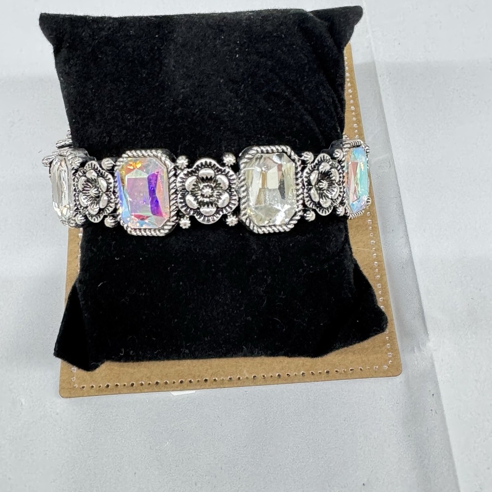 Stretch Bracelet  Large Multicolor Stones Bold‎   Antiqued Silvertone Dressy
